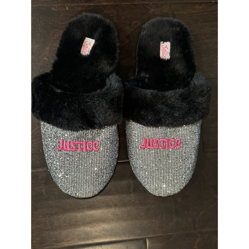 Justice Big Girls Black Silver Pink Glitter Slip-On Slippers Size 6